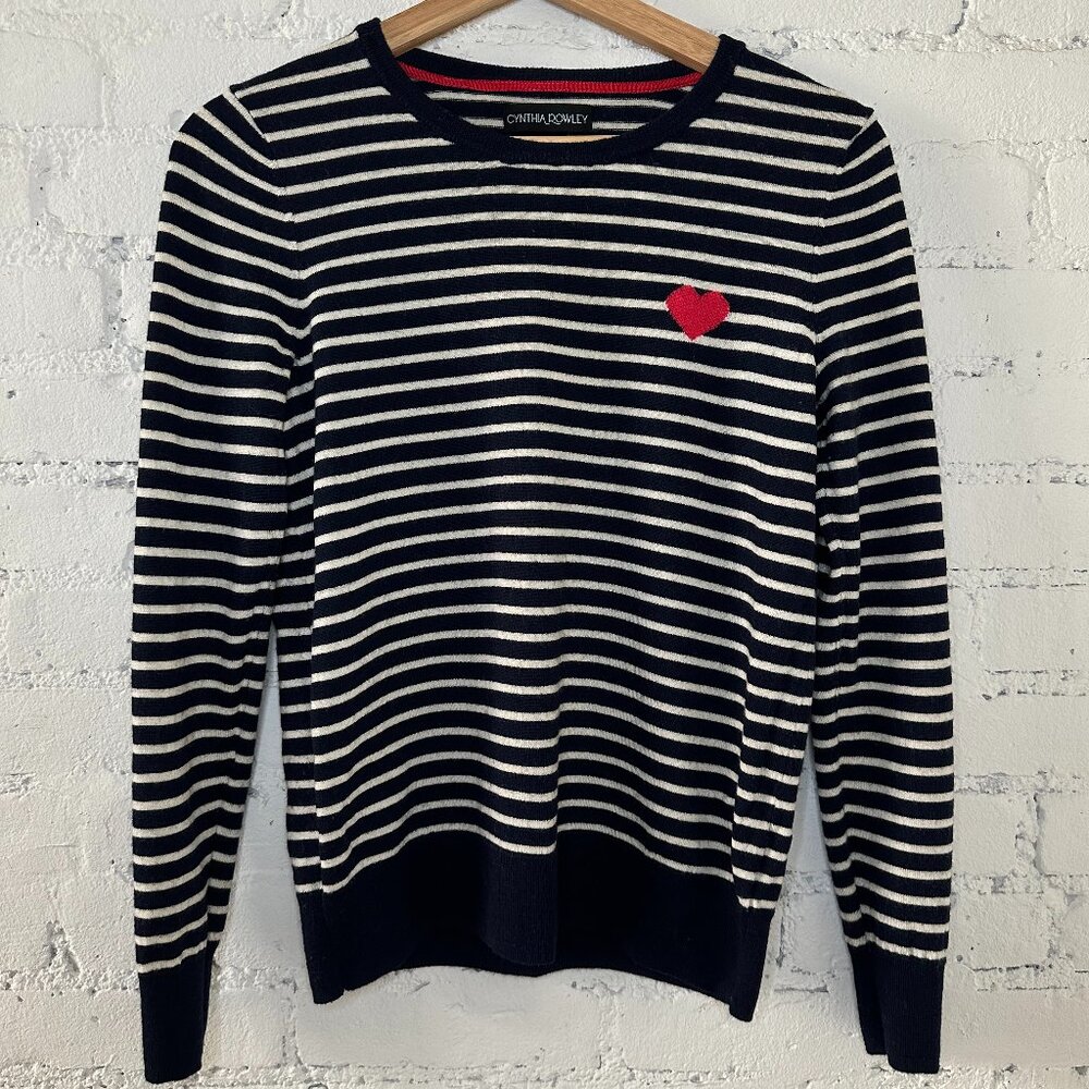 100% Merino Wool Nautical Sweater Sz M Preppy Navy Blue Striped Coastal Pullover